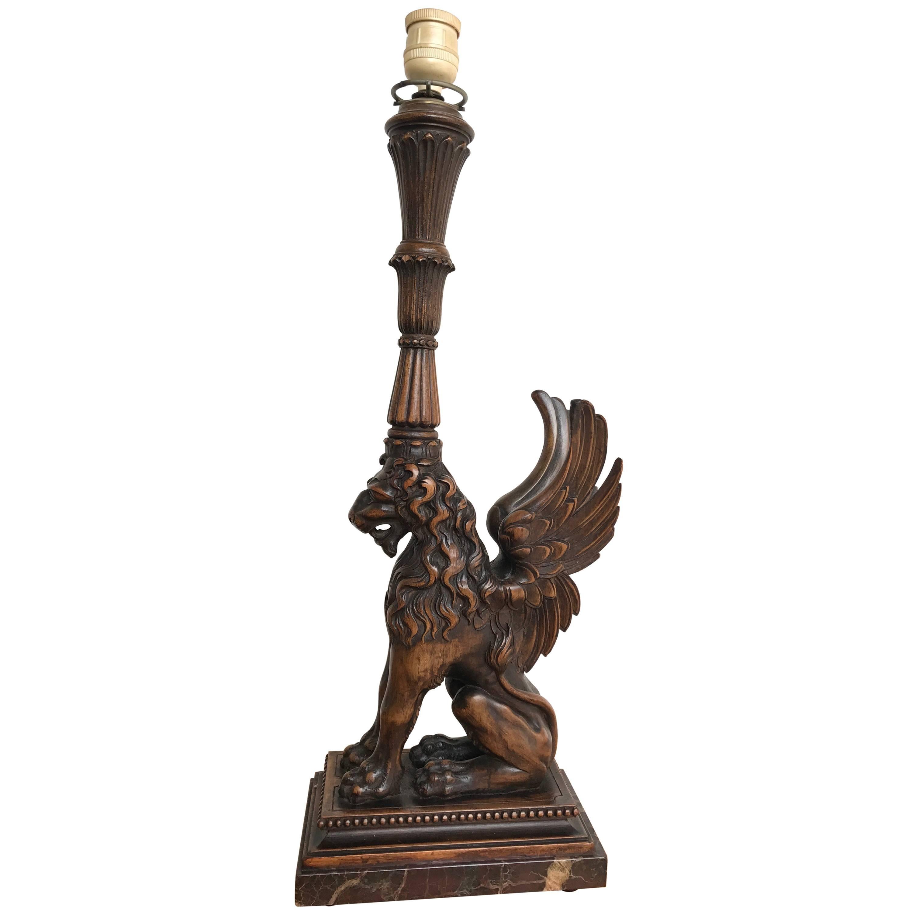 Italian Desk or Table Lamp with Carved Wood Lion Sculpture on Marble Base