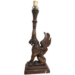 Italian Desk or Table Lamp with Carved Wood Lion Sculpture on Marble Base
