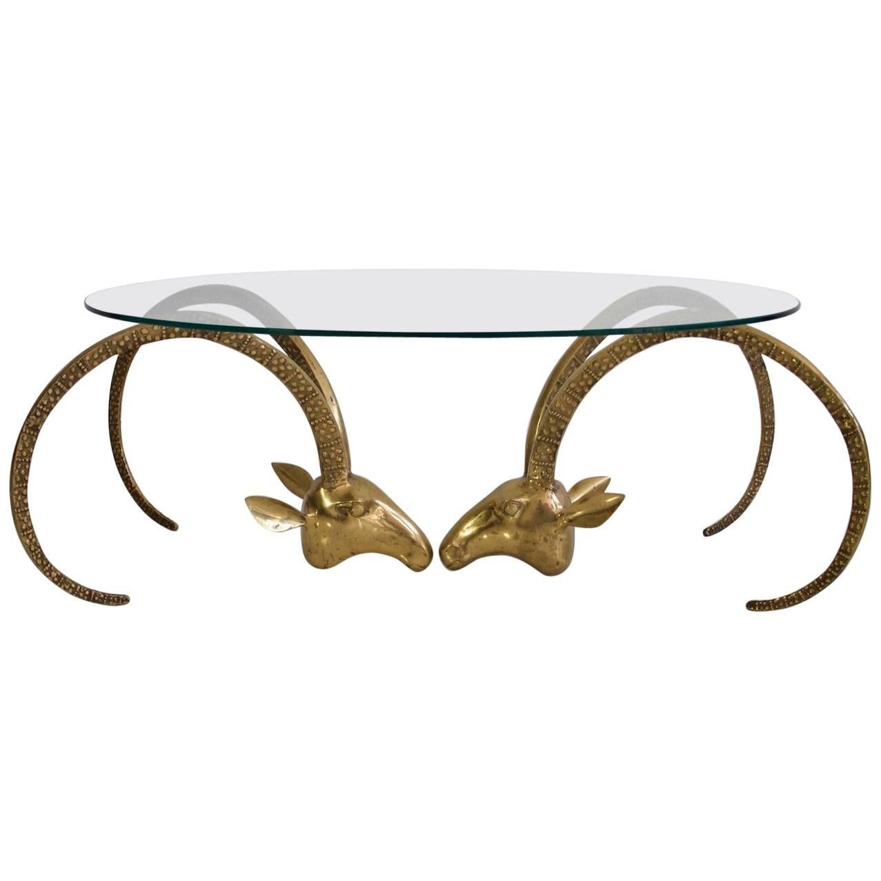 Brass Ibex Coffee Table with Glass Top in the Style of Alain Chervet