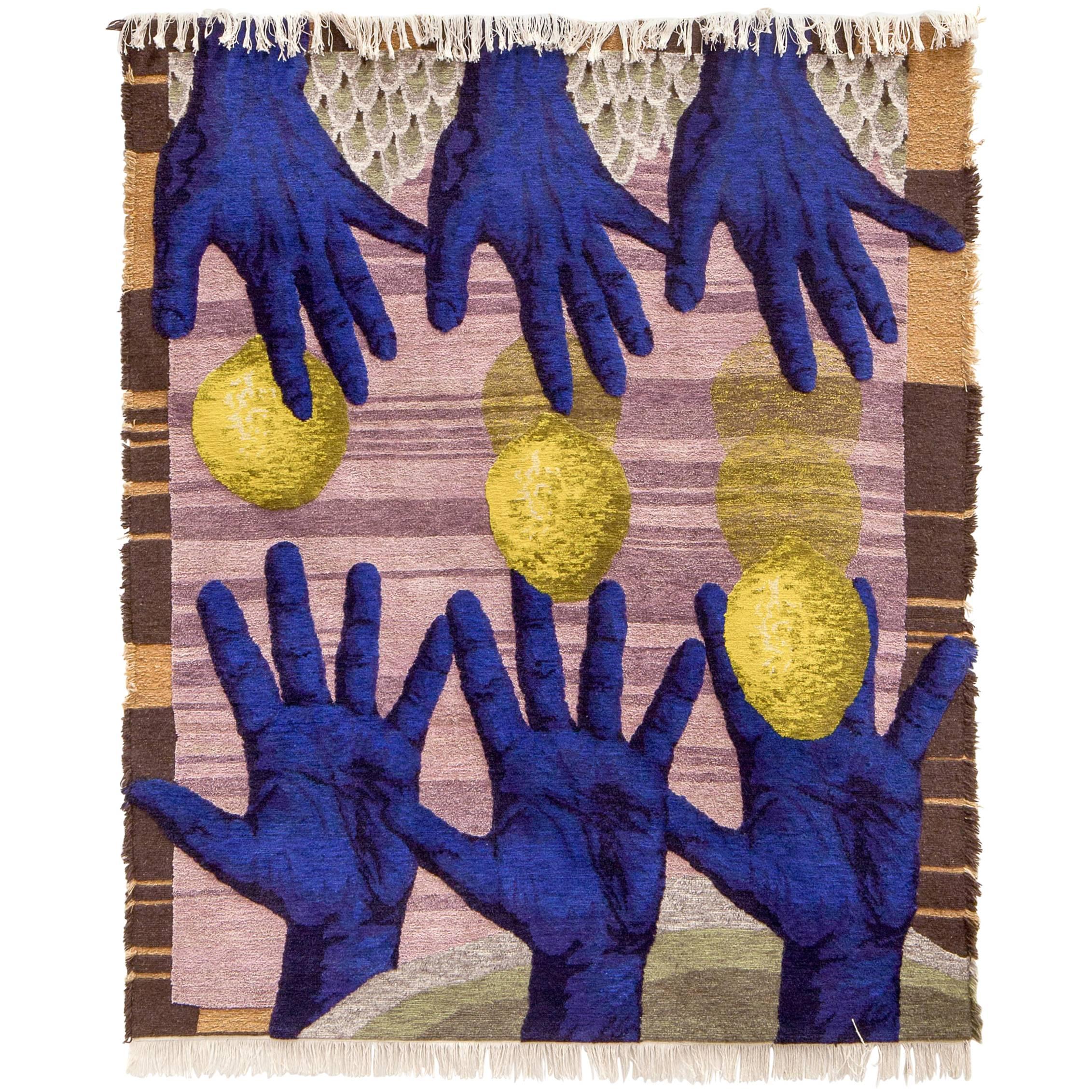 Contemporary Design Rug, Hand-Knotted, Hands Catching For Sale