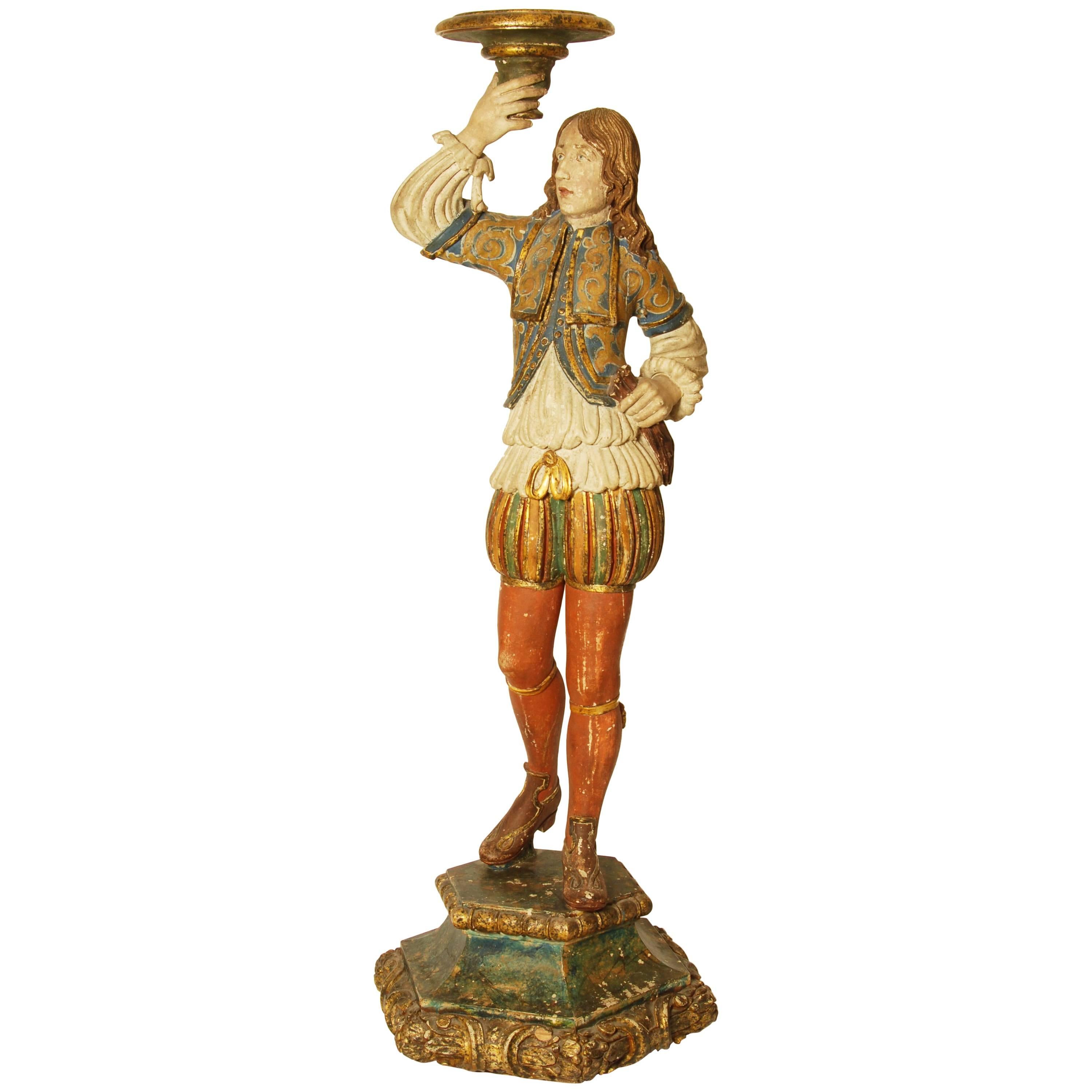 Italian Carved Wood and Gesso Early 20th Century Figural Torchere