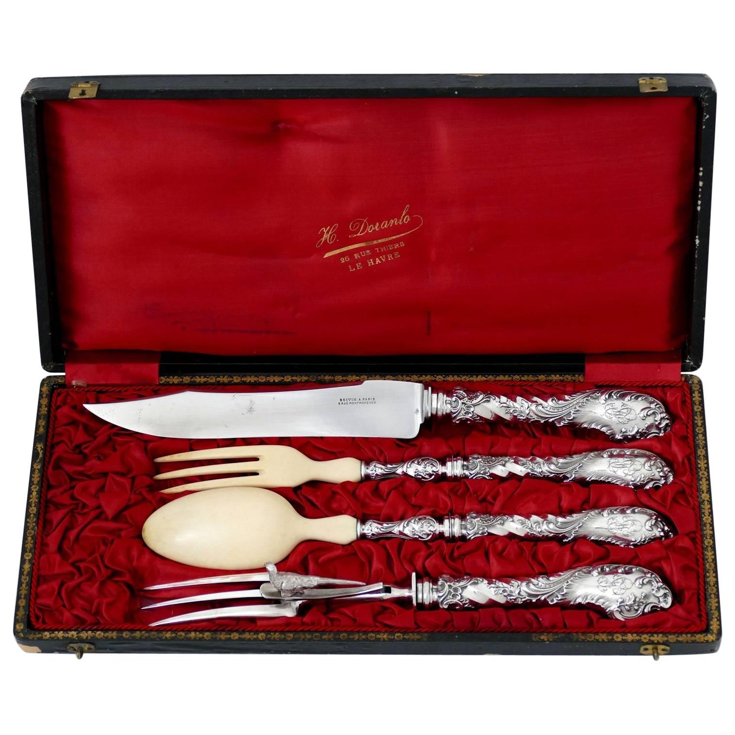 Boivin French Sterling Silver Serving Implement Set 4 Pc, Original box, Rococo For Sale