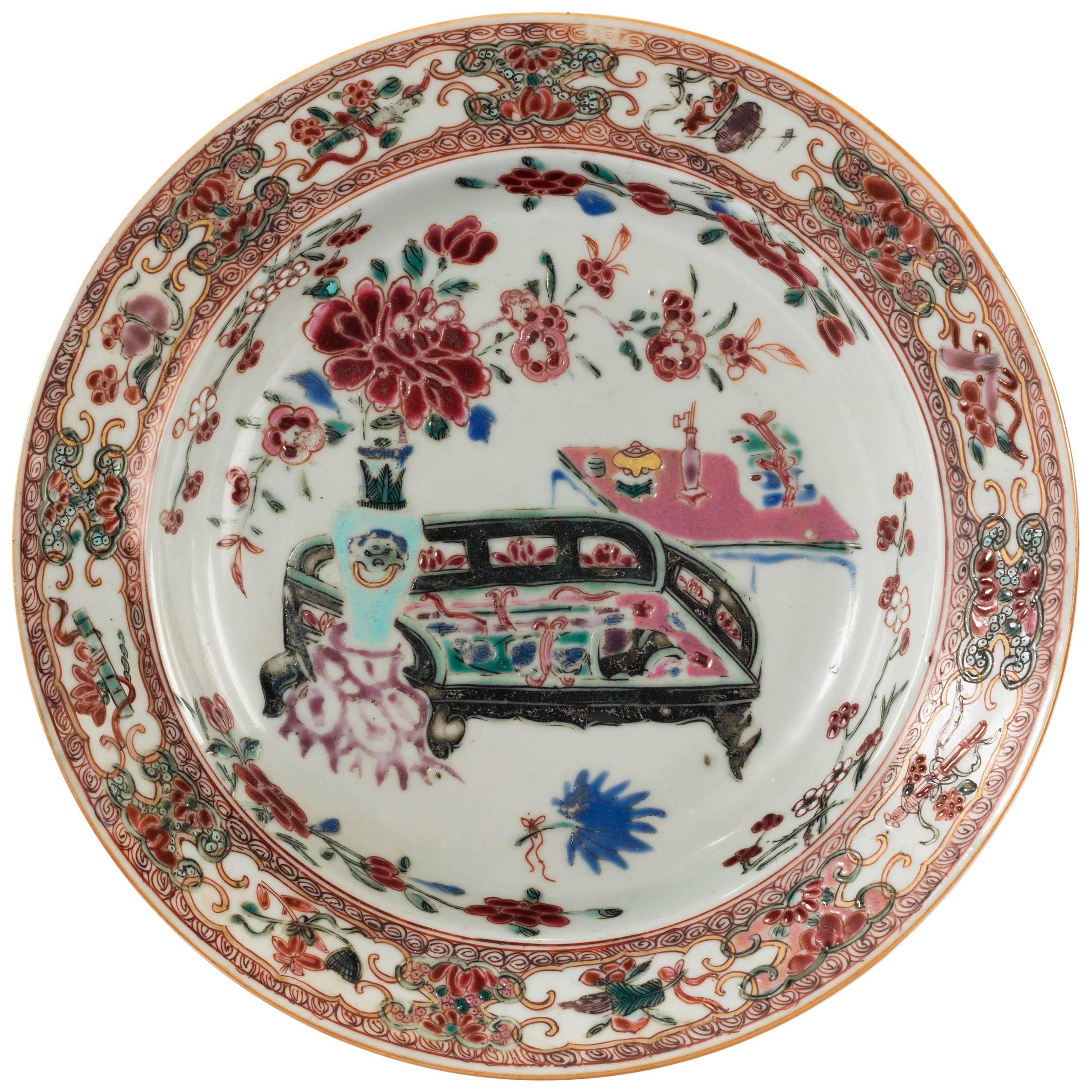 Mid-19th Century Painted and Gilded Cantonese Famille Rose Dish