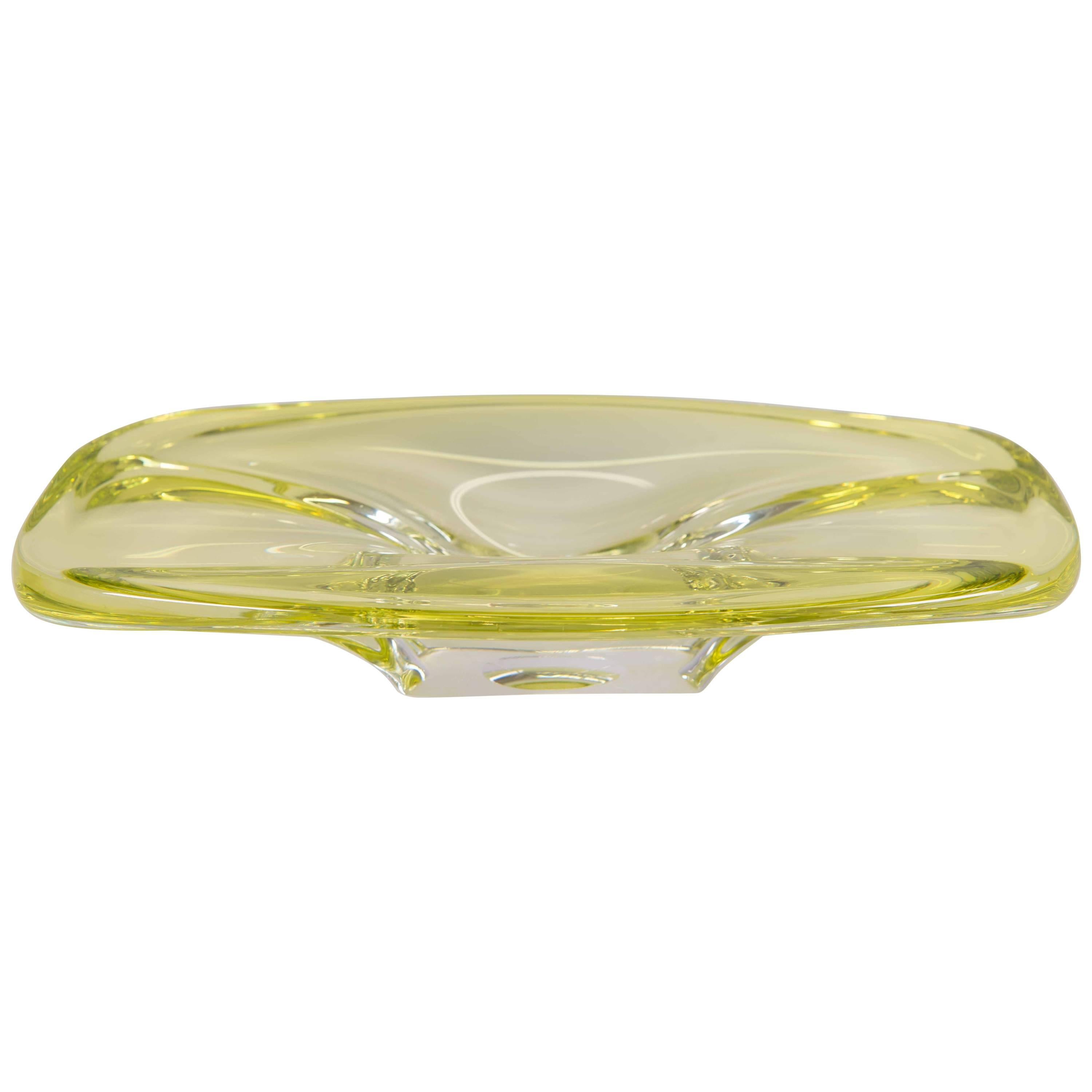 Val Saint Lambert, Crystal Table Centrepiece in Green-Yellow, Midcentury