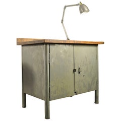 Small Vintage Industrial Grey Steel Cupboard with Wooden Top