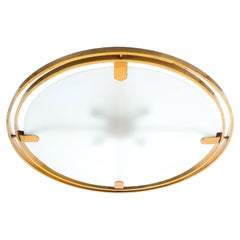 Antique Art Deco Brass Satin Glass Graphical Ceiling Lamp Flush Mount UFO, circa 1920