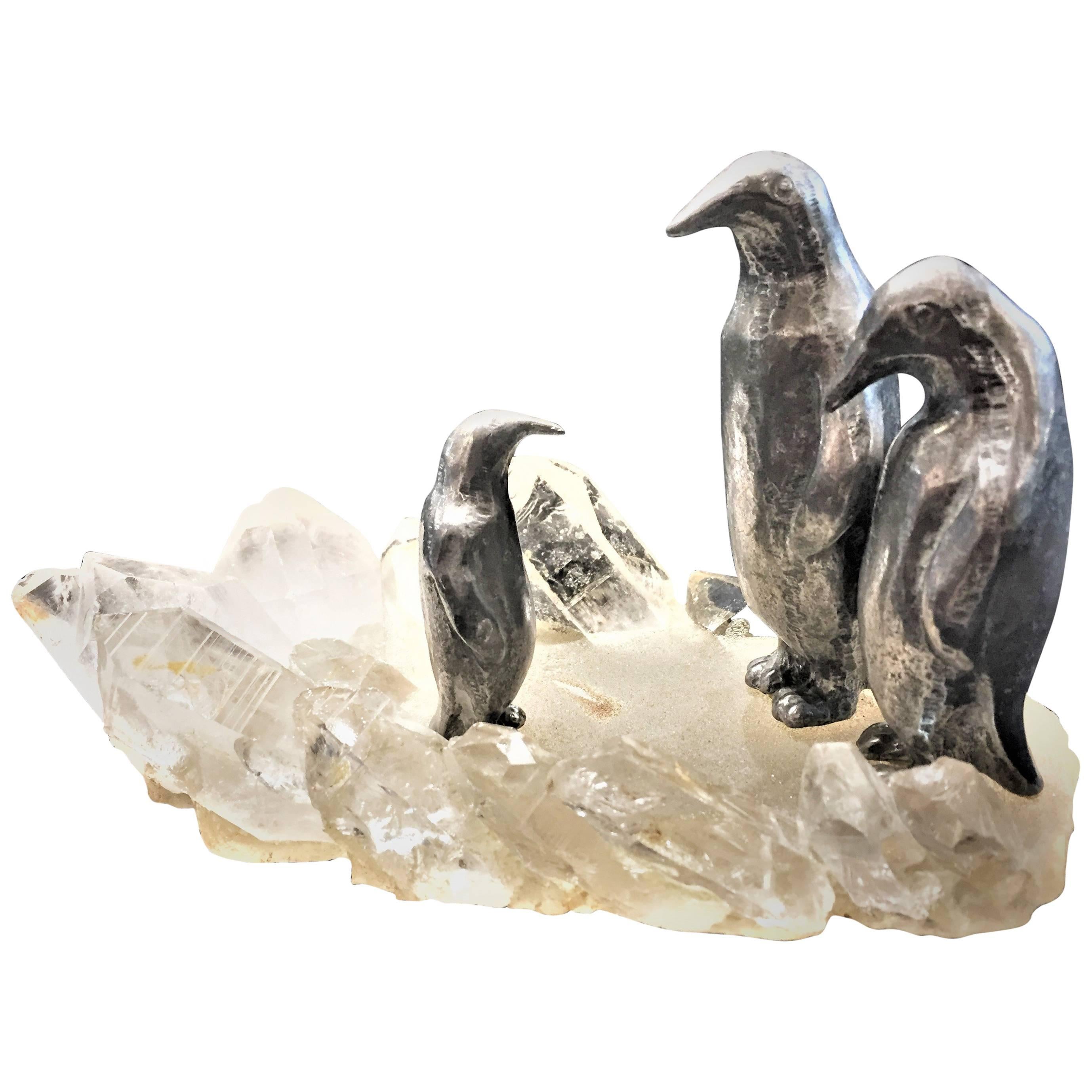 Penguin Family, Art Deco Silvered Pewter & Rock Crystal Vide-Poche, circa 1920