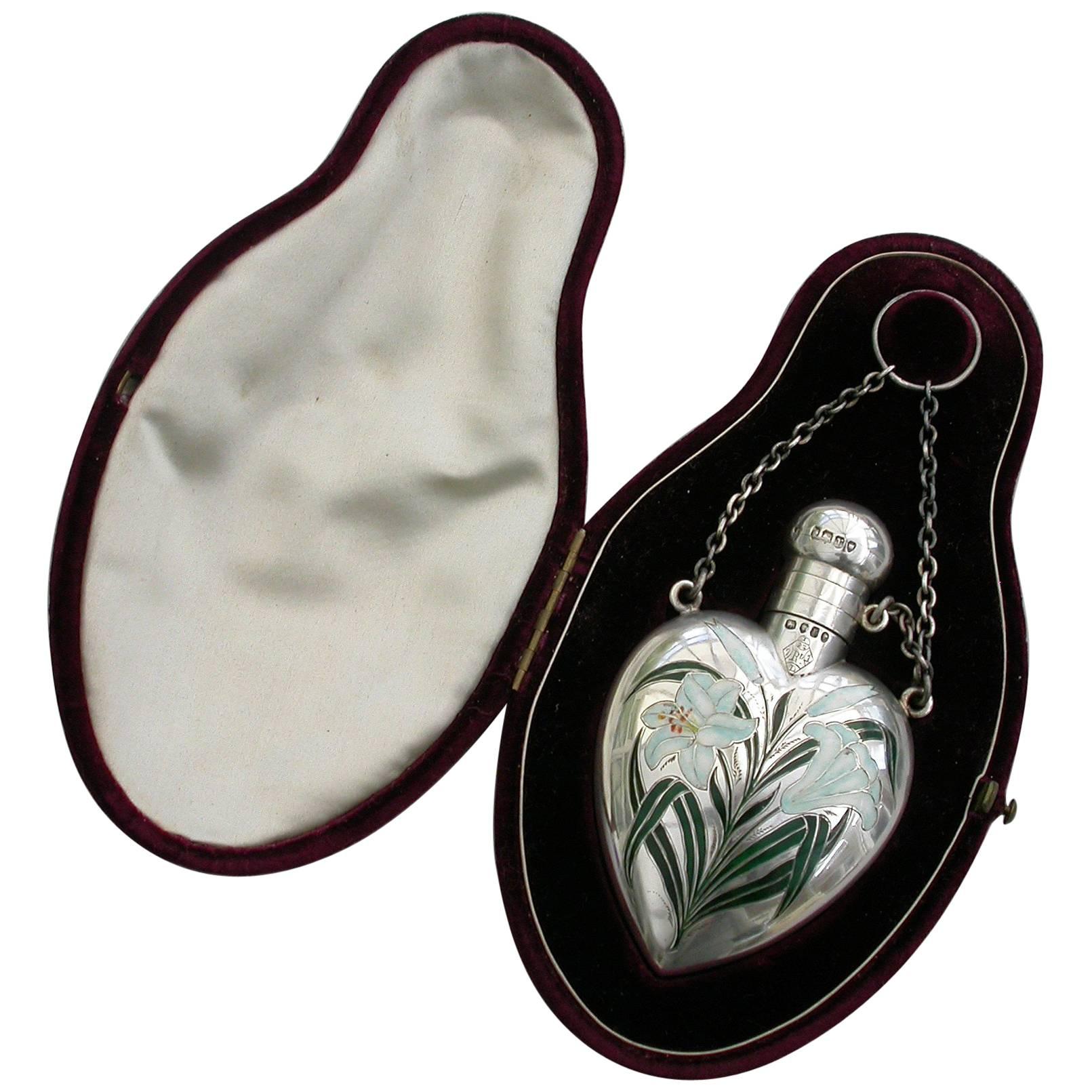 Victorian Heart Shaped Cased Silver and Enamel Scent Flask 'Lillies', 1872