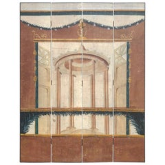 Italian Neoclassical Painted Four Panel Screen with Pompeiian Fresco