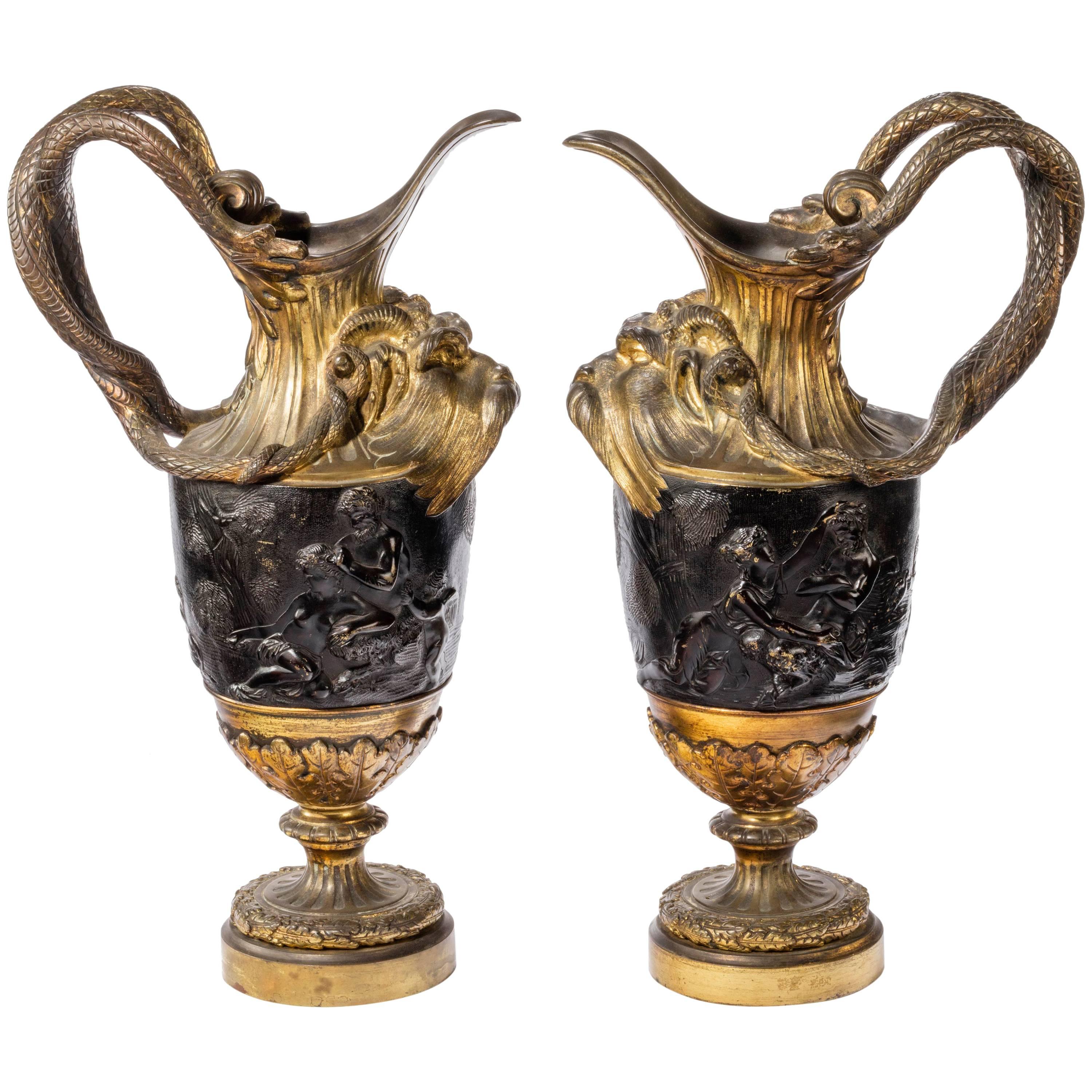 Pair of Late 18th Century, Bronze and Gilt Bronze Ewers in the Manner of Clodion