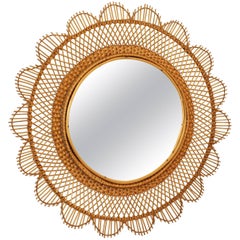 Spanish, 1960s Handwoven Wicker Cane Flower Burst Wall Mirror