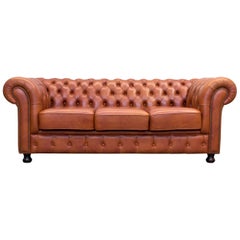 Original Chesterfield Three-Seat Couch Authentic Leather Terracotta