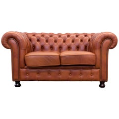 Original Chesterfield Two-Seat Couch Authentic Leather Terracotta