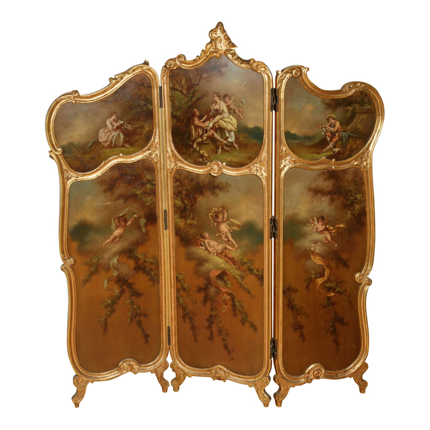 Rococo Style Parcel-Gilt and Painted Three-Fold Screen For Sale