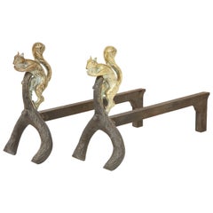 Pair of Bronze and Iron Squirrel Andirons