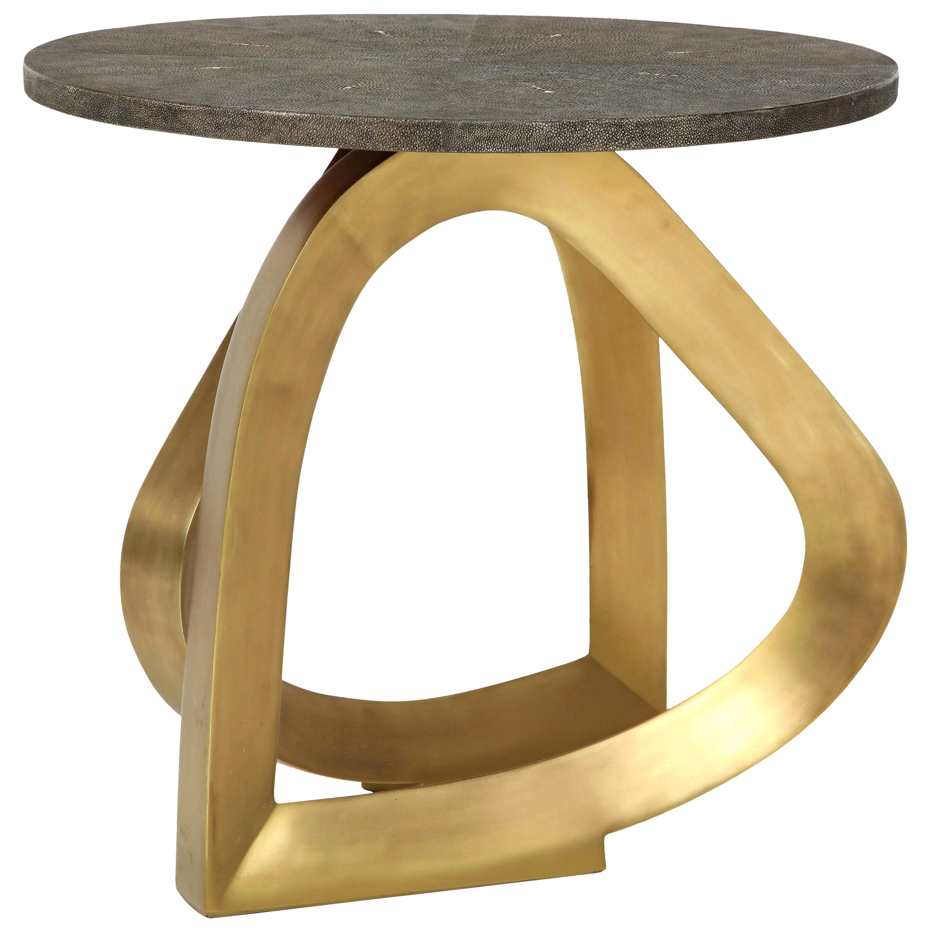 Shagreen Side Table, Shagreen Top with Brass Base, Contemporary, Khaki Color For Sale