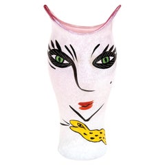 Vase by Kosta Boda, Sweden, Glass, Lady Face, Pink, Black and Yellow Colors
