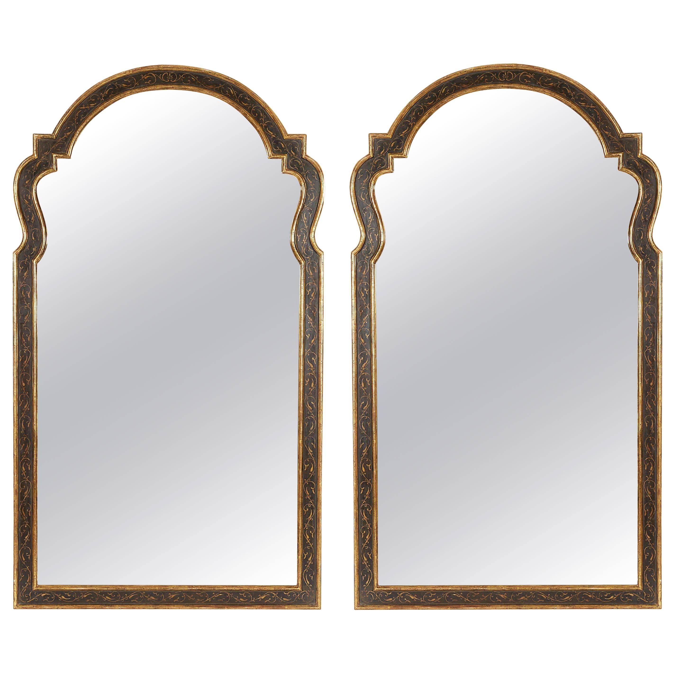 Large Pair of Queen Anne Style Black and Gilt Mirrors