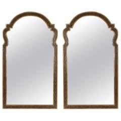 Vintage Large Pair of Queen Anne Style Black and Gilt Mirrors