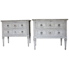 Antique Pair of Painted Louis XVI Commodes with Faux Marble Top