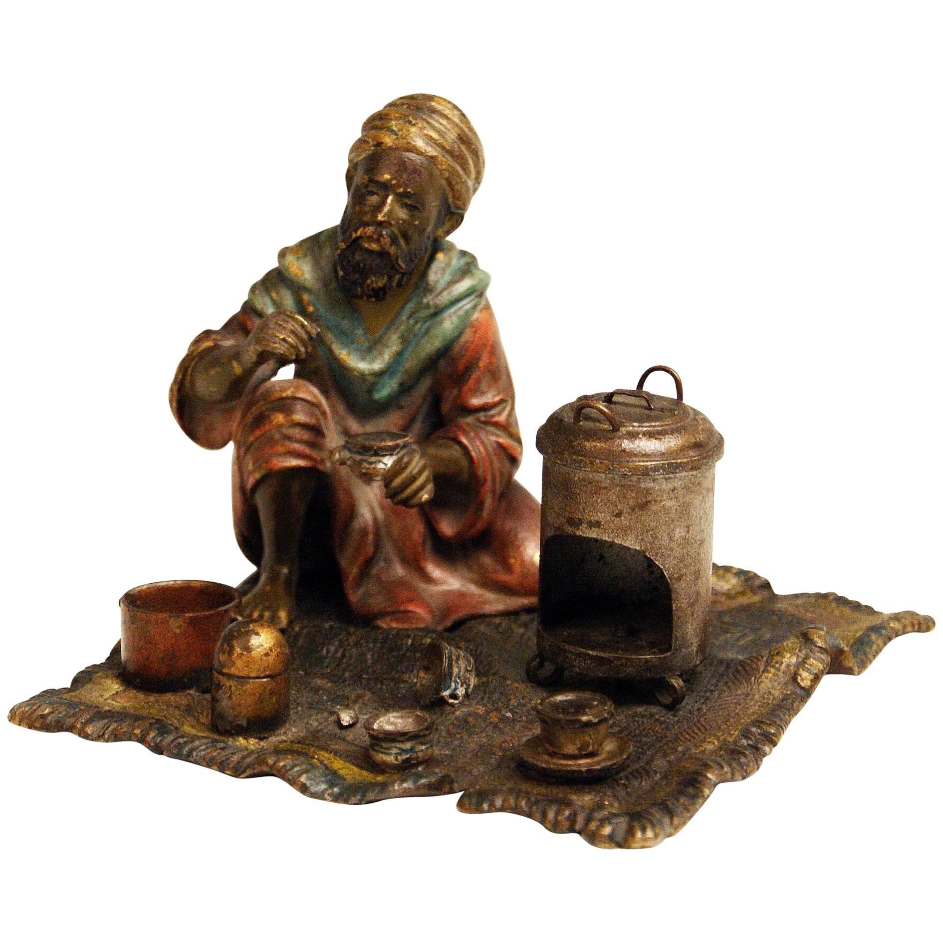 Vienna Bergman Bronze Arab Man on Carpet Preparing Tea, circa 1925