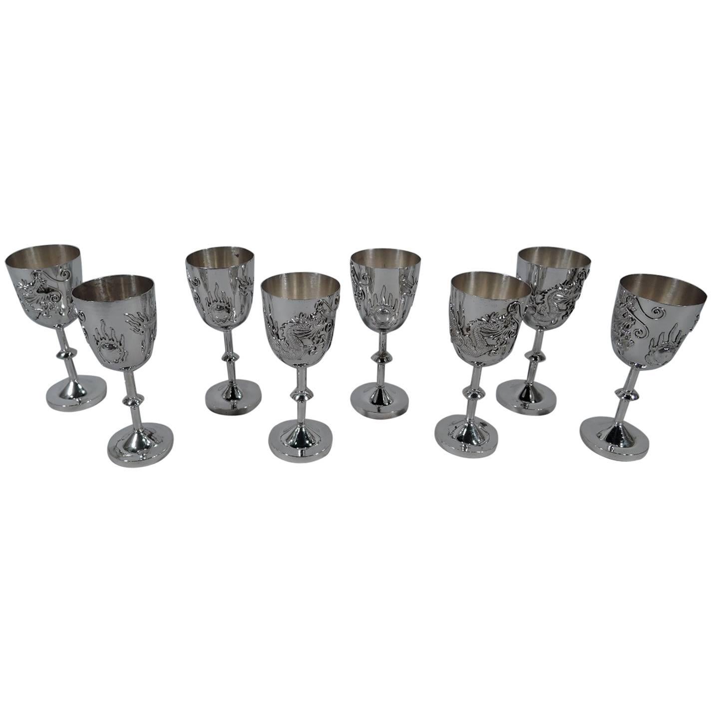 Set of Eight Asian Silver Firewater Dragon Cordials