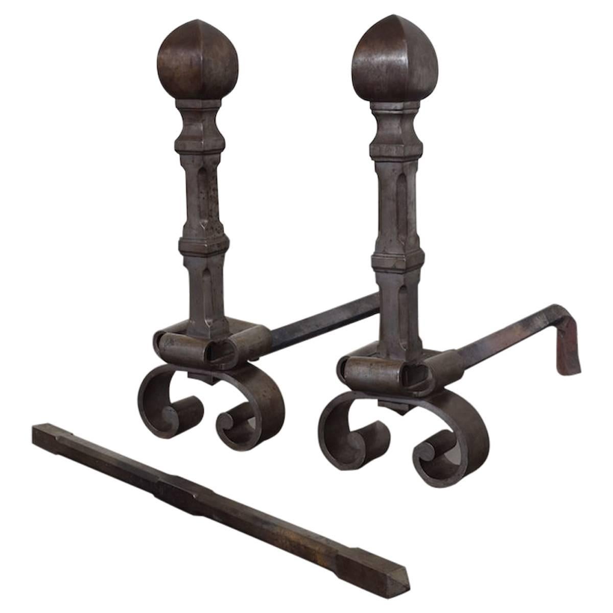 French Steel Andirons with Fire Tool