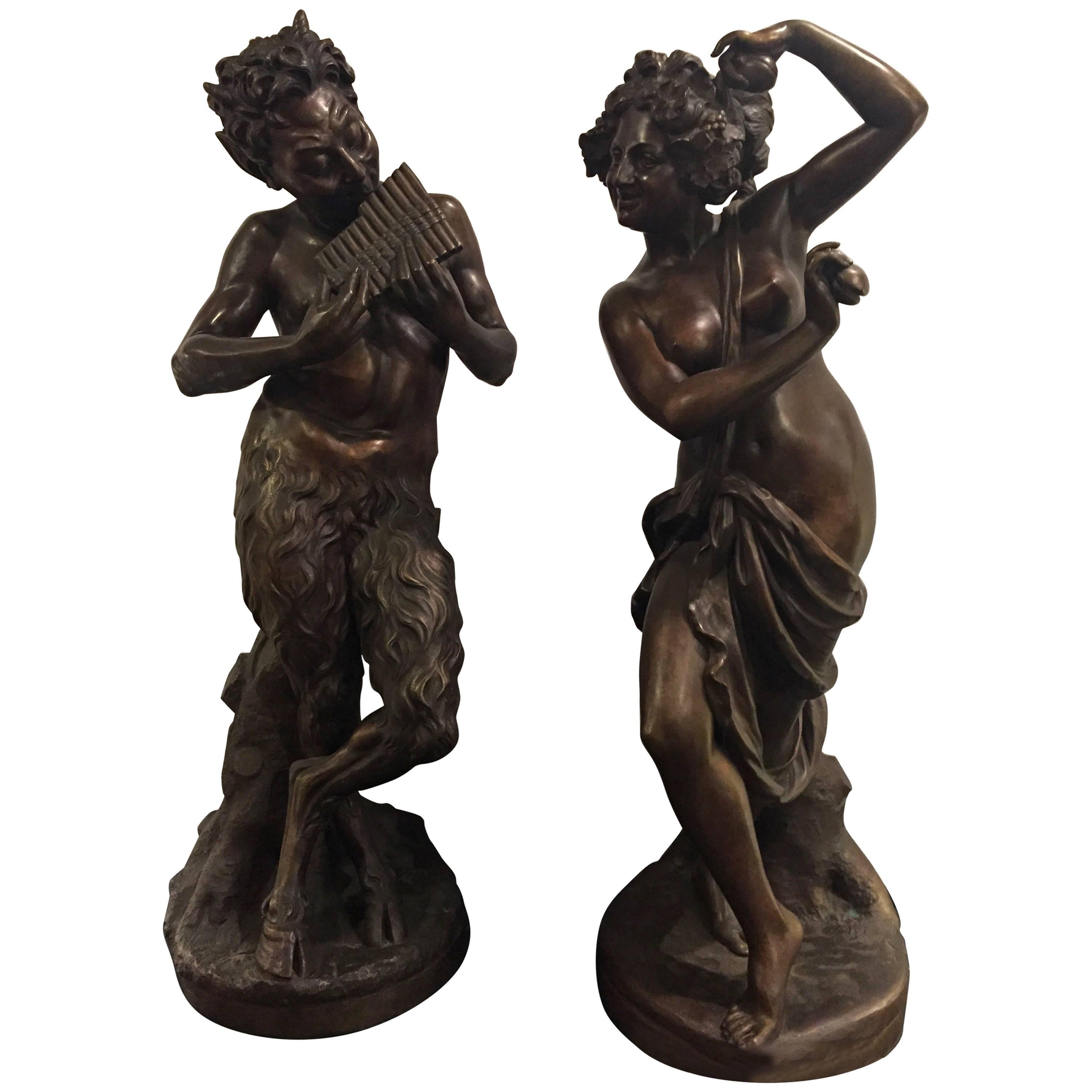 Pair of Palatial Bronze Mythological Figures Male and Female Dated 1914 Signed