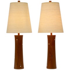 Vintage Pair of Turned Walnut and Tile Table Lamps by Gordon and Jane Martz