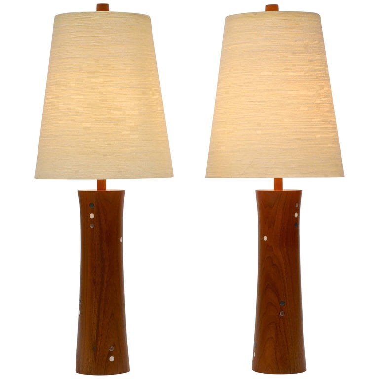 Pair of Turned Walnut and Tile Table Lamps by Gordon and Jane Martz For Sale