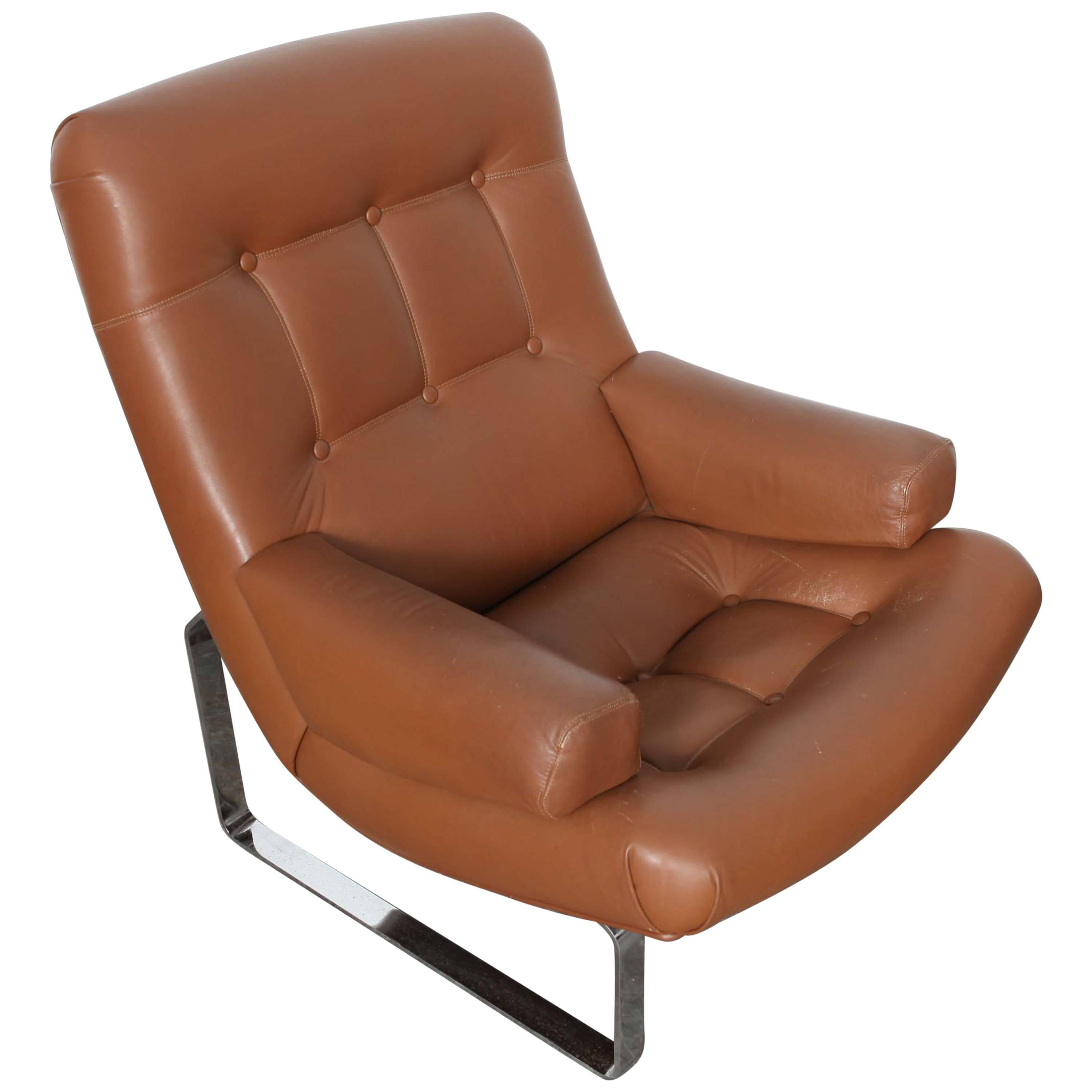 Brown Leather With Chrome Base Lounge Chair by Inge Andersson, 1960s, Sweden For Sale