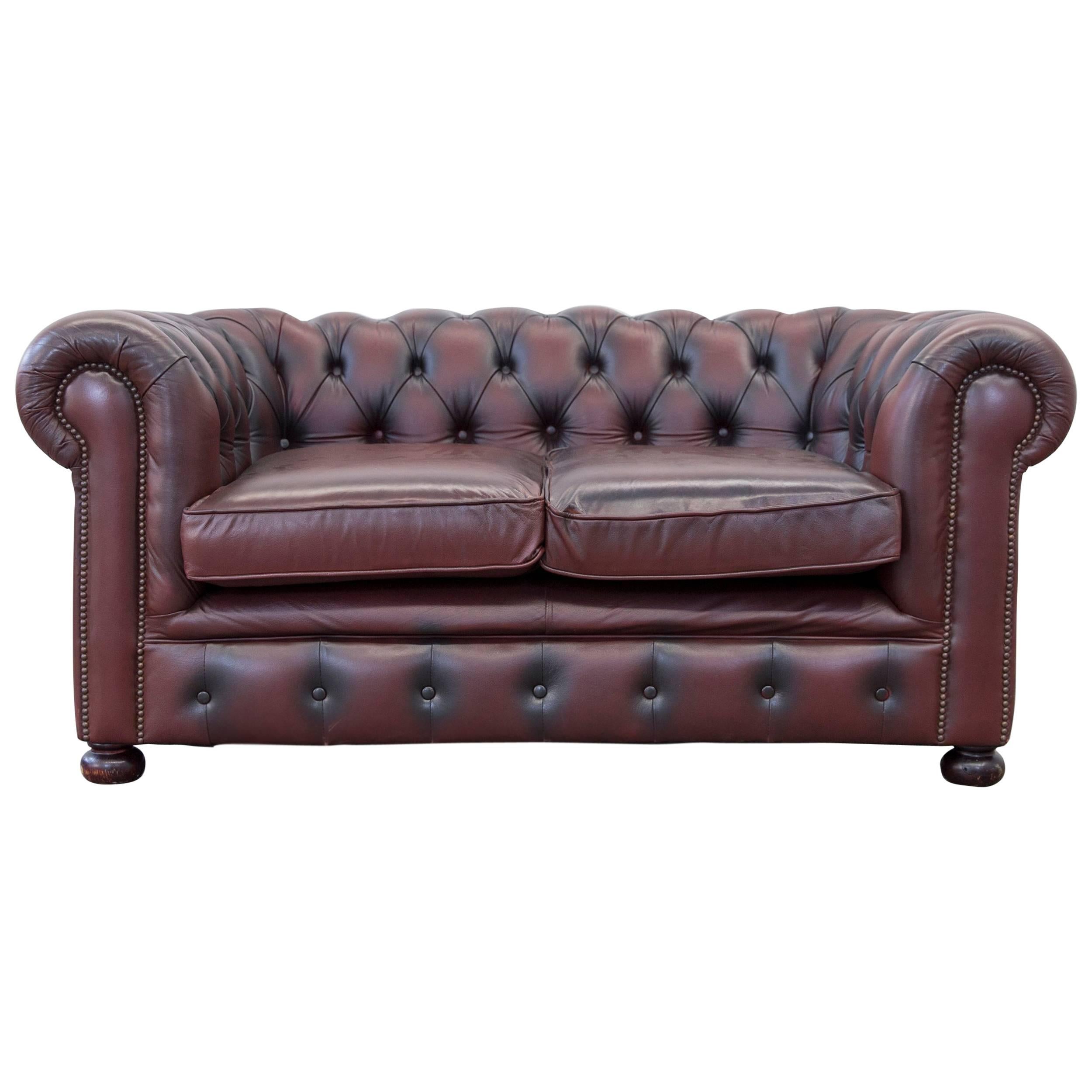 Original Chesterfield Two-Seat Couch Red Brown Authentic Leather