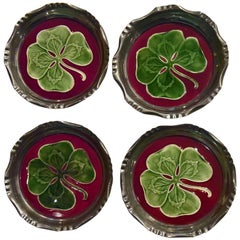 Set of Four Coasters Art Nouveau Enameled with Four-Leaf Clover Ceramic Inserts