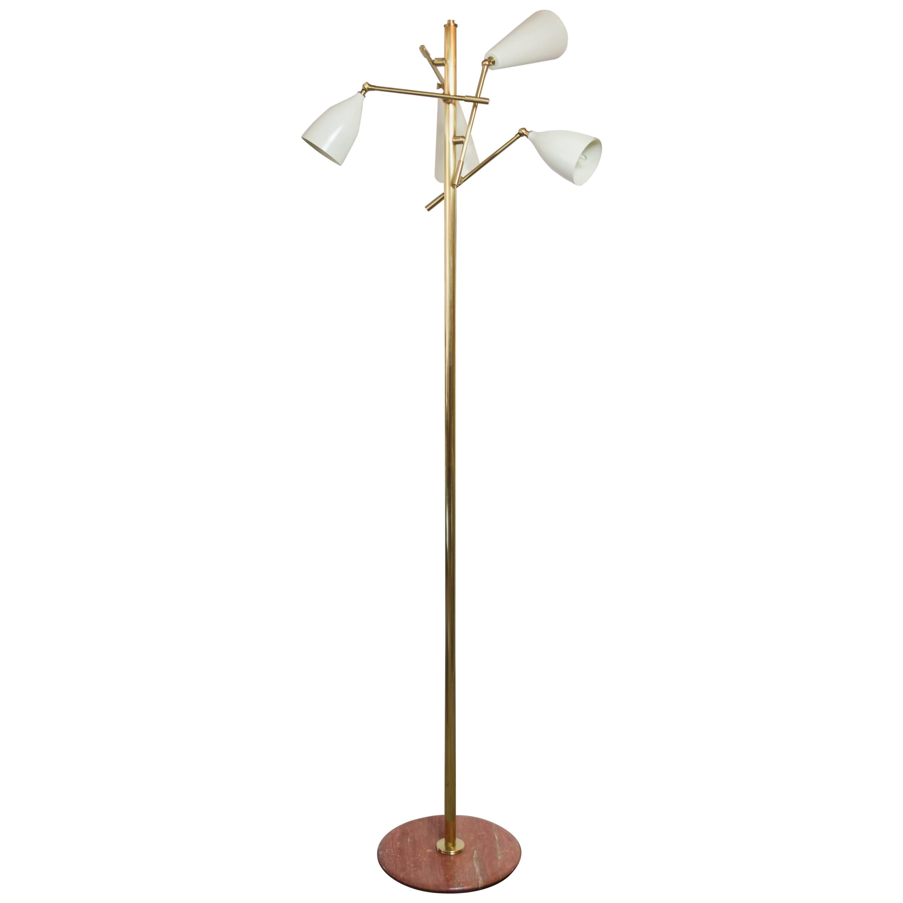 Brass and White Enamel Stilnovo Four-Light Floor Lamp with Ivory Cones