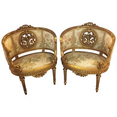 Vintage Pair of Barrel Back Louis XVI Style French Arm or Bergère Chairs