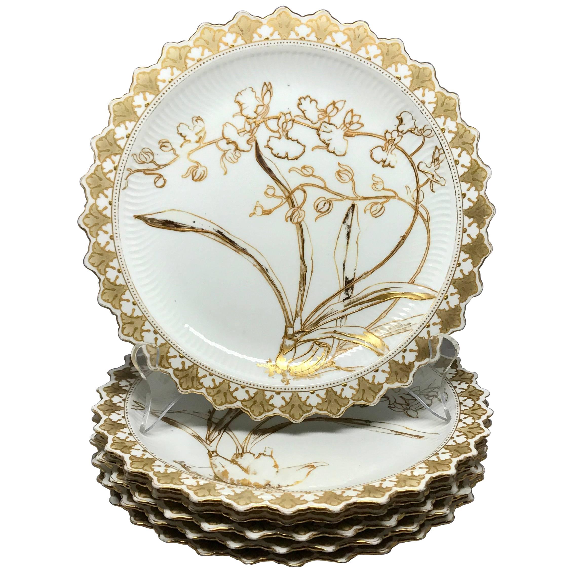 Set of Six Aesthetic Movement Gilt Painted Orchid Plates