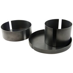 Sculptural Darkened Minimal Steel Centerpiece Tray with Two Vessels USA In Stock