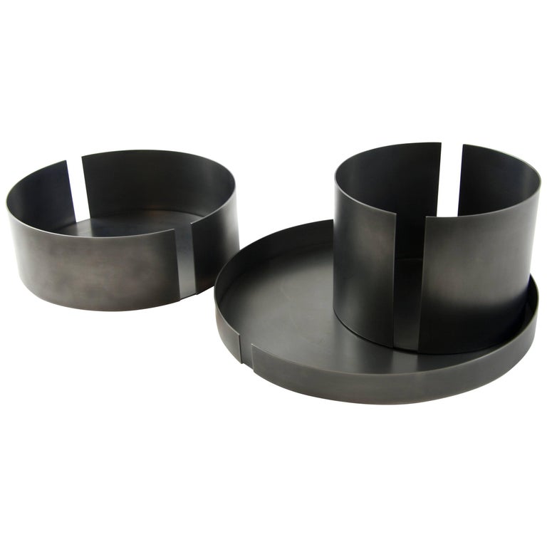 Sculptural Darkened Minimal Steel Centerpiece Tray with Two Vessels USA In Stock For Sale