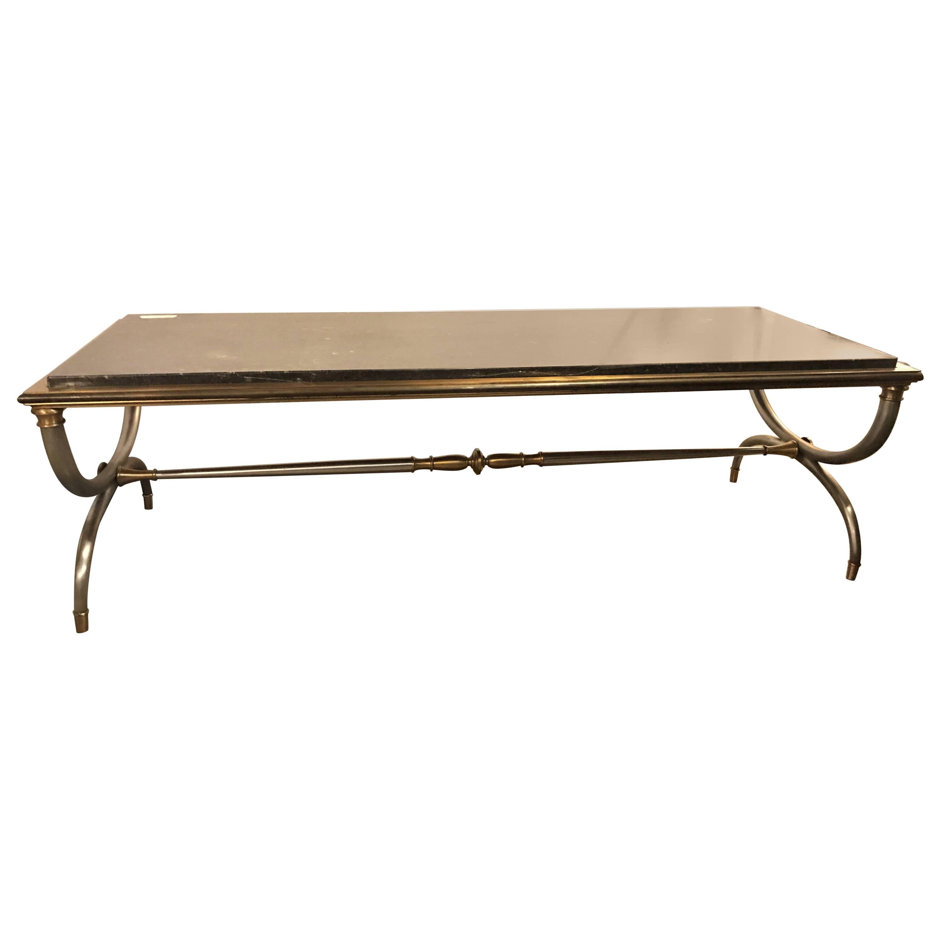 Hollywood Regency Steel and Brass Black Marble-Top Maison Jansen Coffee Table