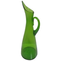 Retro Blenko Green Water Pitcher with Applied Handle