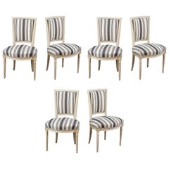 Handsome Set of Six Louis XVI Style Side Chairs Covered in Blue and White Stripe