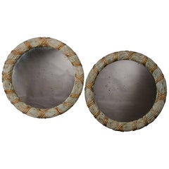 Pair of Vintage French Round Hand-Carved Painted Mirrors, circa 1940