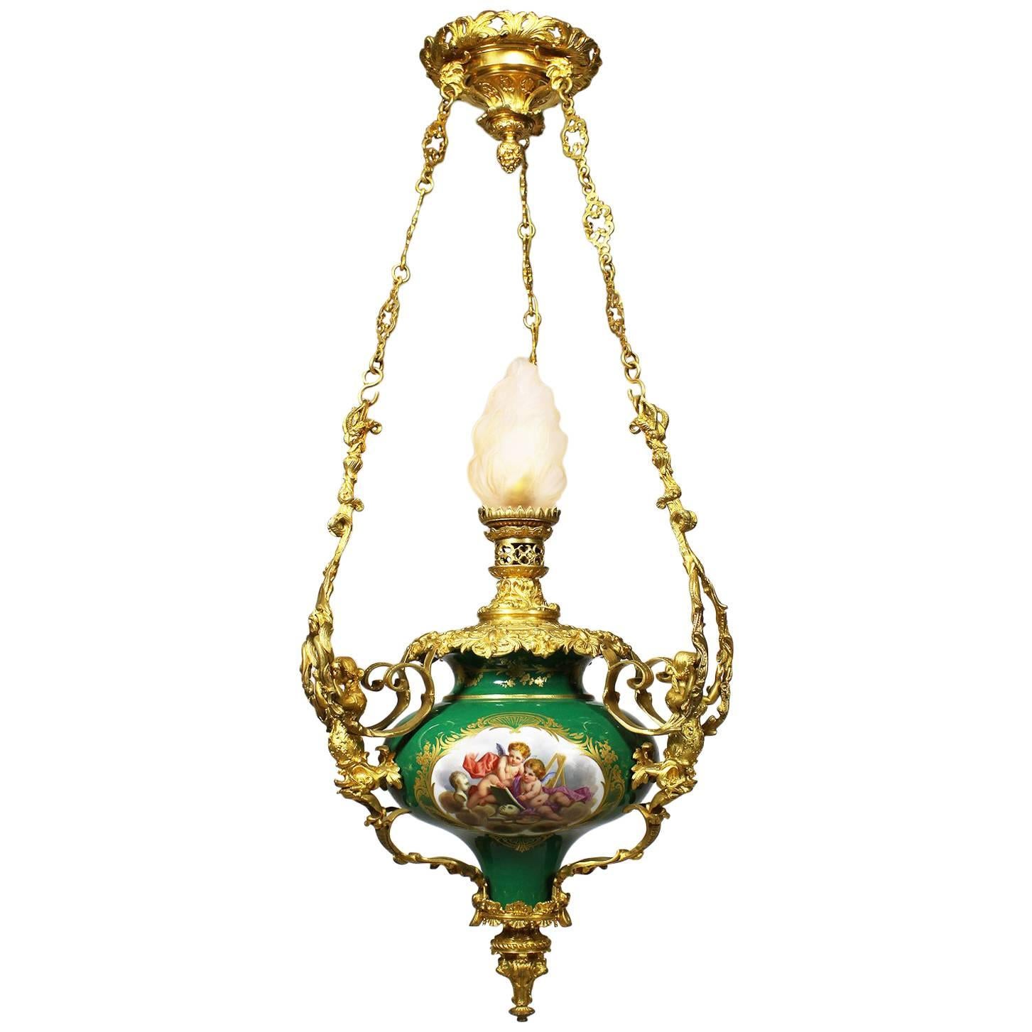 French 19th Century Figural Sevres Porcelain and Ormolu Mounted Hanging Lantern