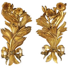 Antique Pair of Italian Giltwood and Tôle Sconces