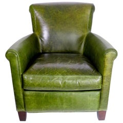 Antique French Distressed Emerald Green Leather Club Chair