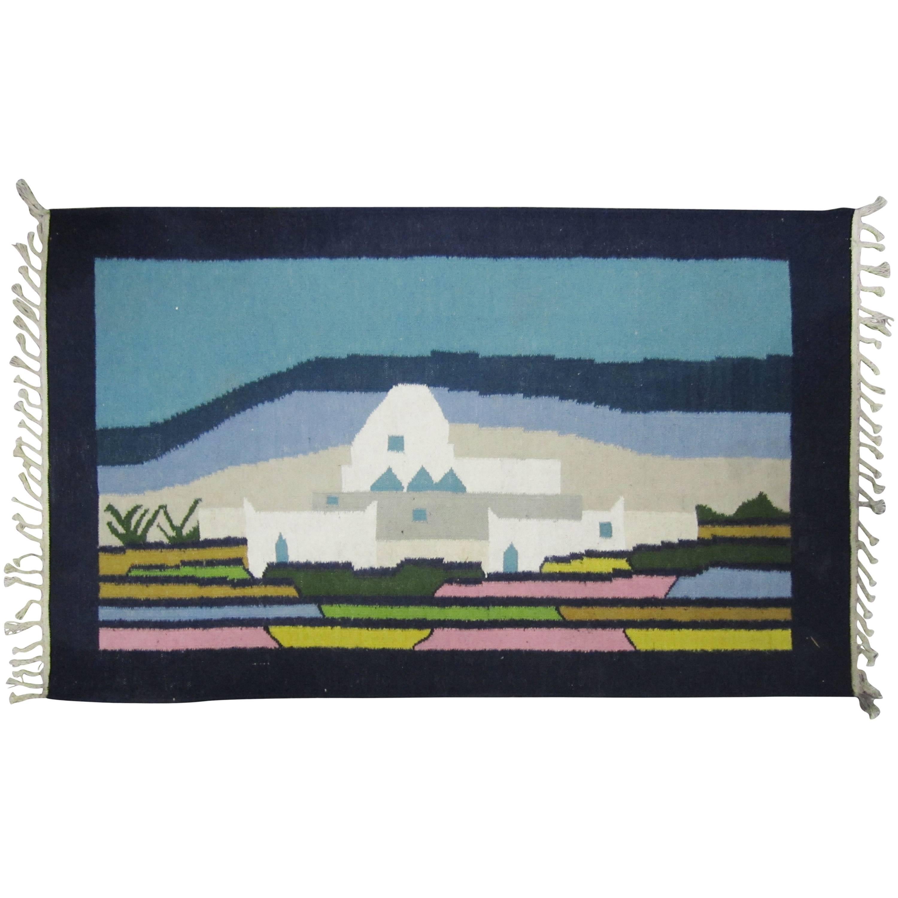 Woven Wool Rug or Tapestry with Mexican Landscape Scene