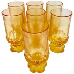 60'S "Thumbprint" Blown Glass Footed Stem Drink Glasses By,  Franciscan S/7