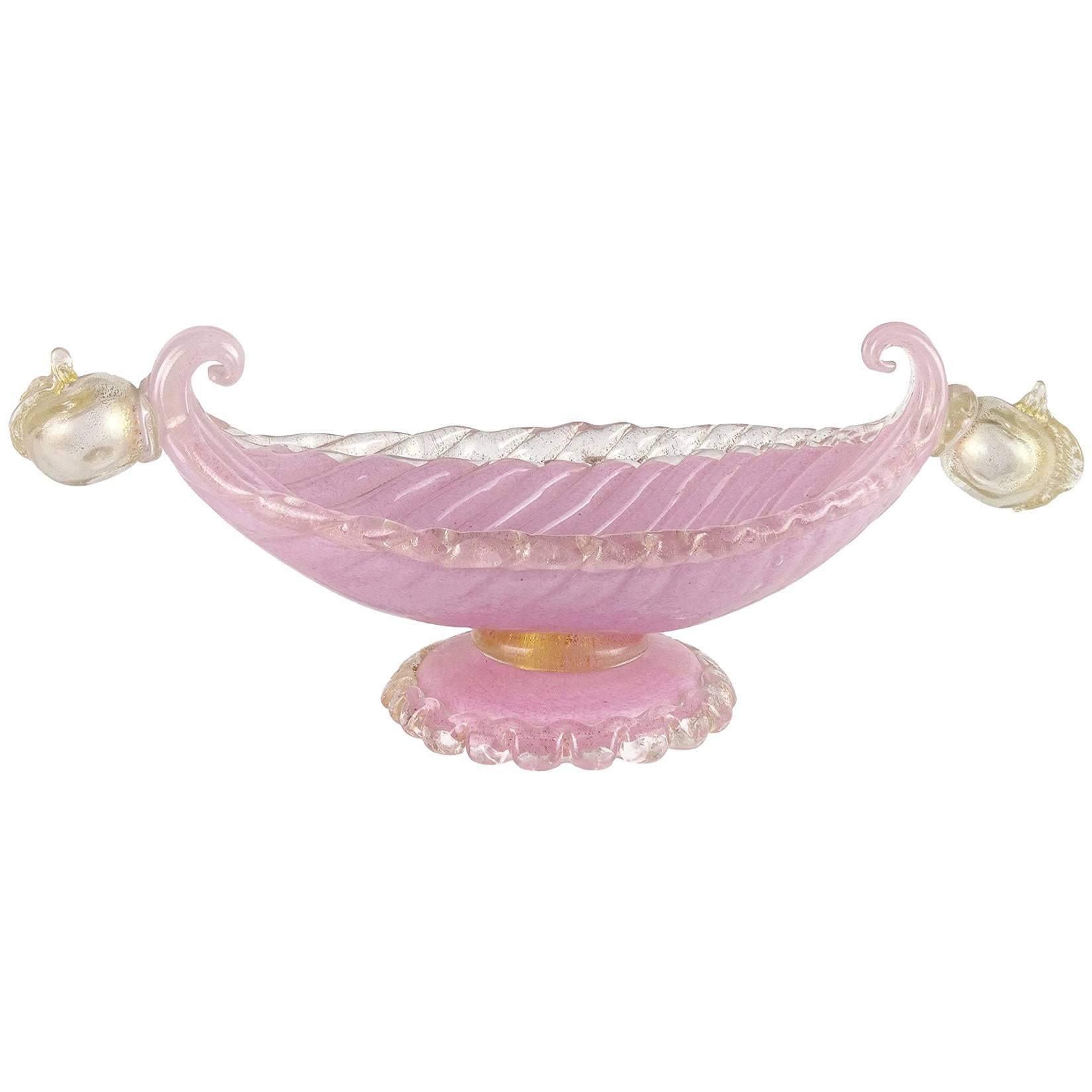 Barovier Toso Murano Pink Gold Flecks Italian Art Glass Fruit Compote Bowl