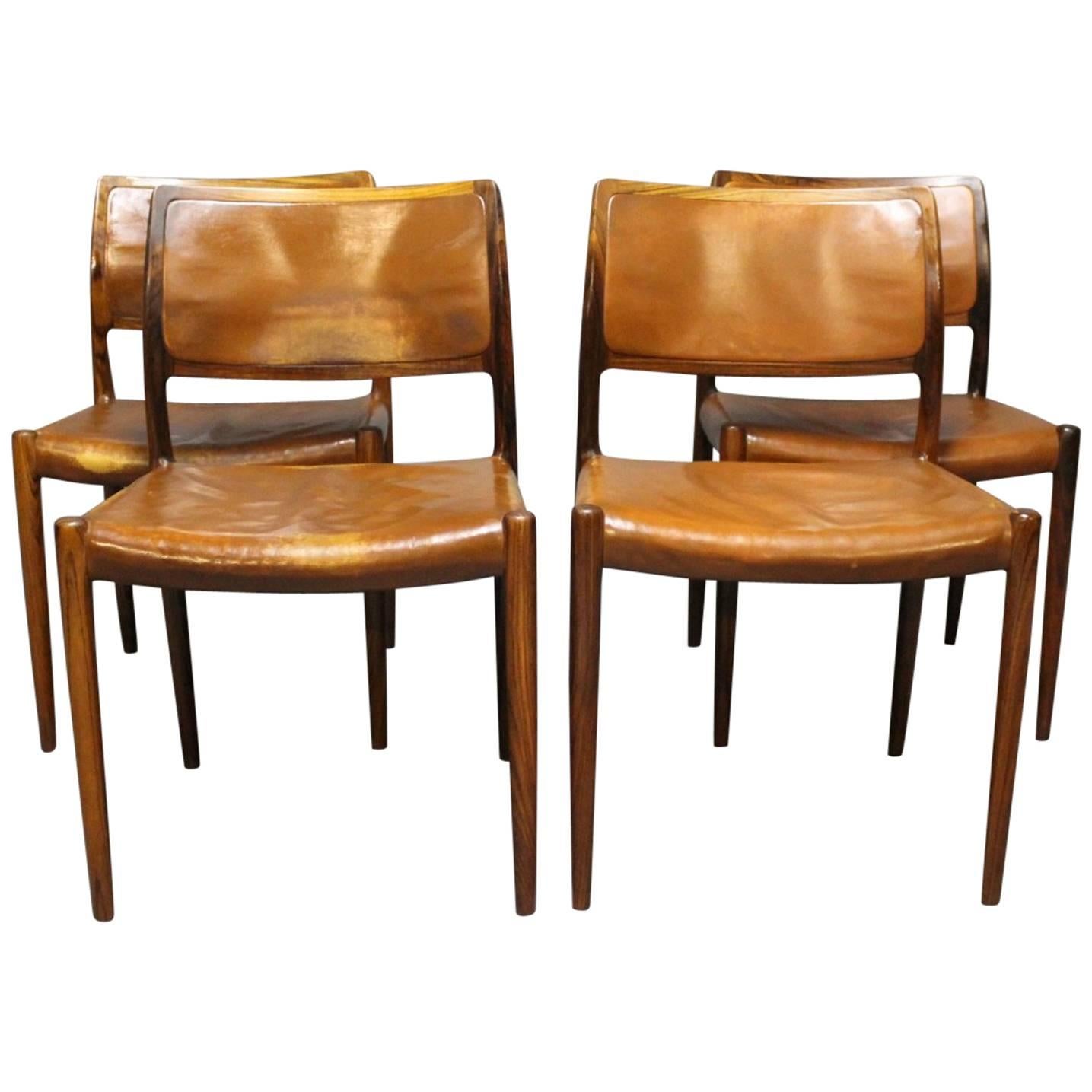 Set of Four Dining Chairs, Model 80 in Rosewood by N.O. Møller, 1960s
