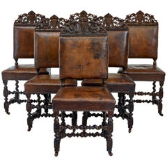 Set of Six 19th Century Carved Oak Carolean Inspired Dining Chairs